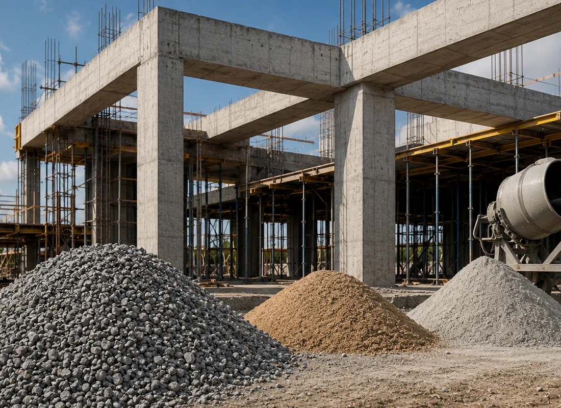 Agregados organizados em canteiro de obra
